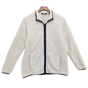 Lands End Sherpa Fleece Jacket Womens Cream Full Zip Pockets Size L 14-16